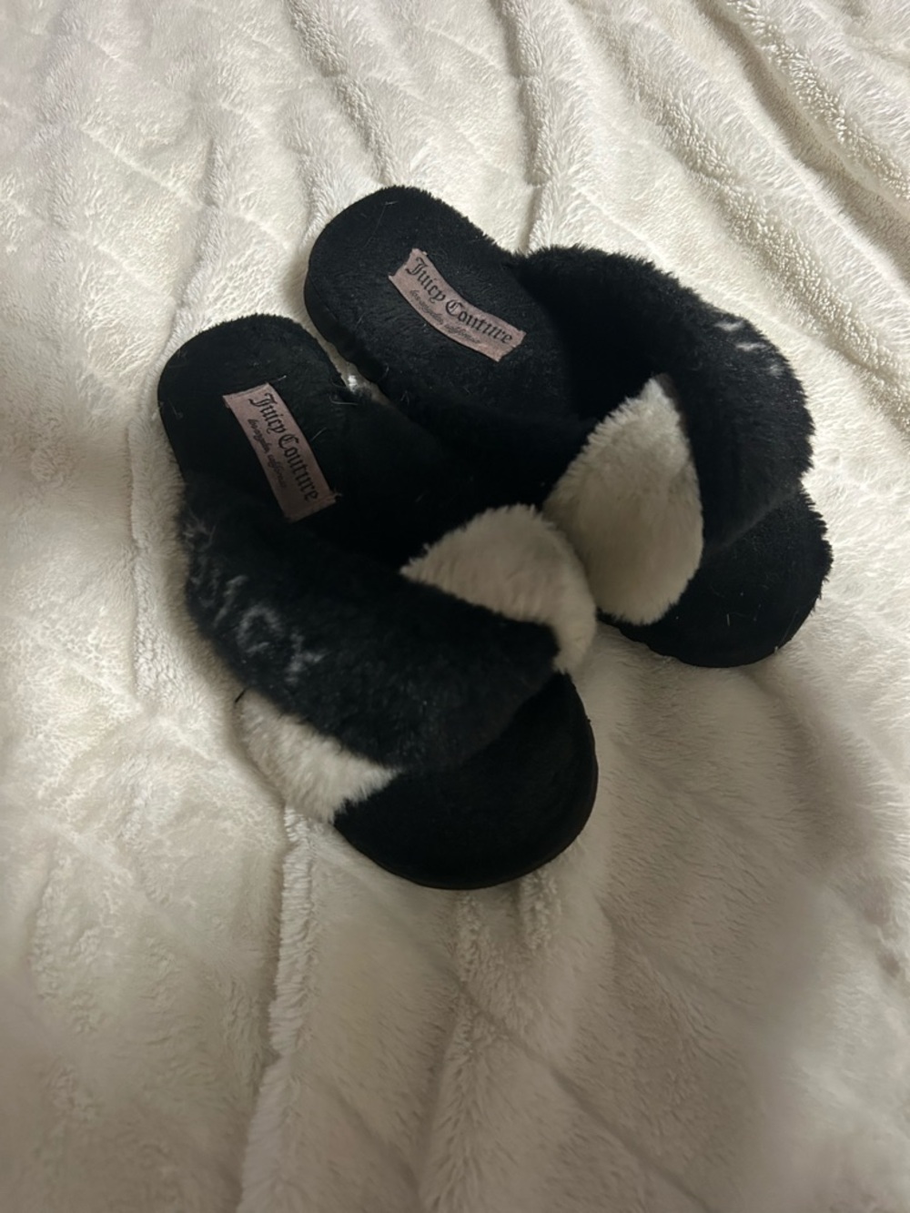 Juicy Couture Black & Cream Plush Cross-Band Slide Slippers